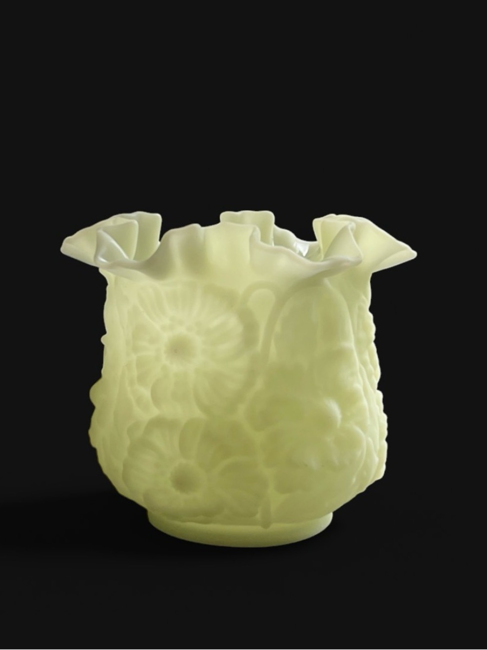 Vintage Fenton Satin Custard Uranium Glass Poppy Ruffled Vase